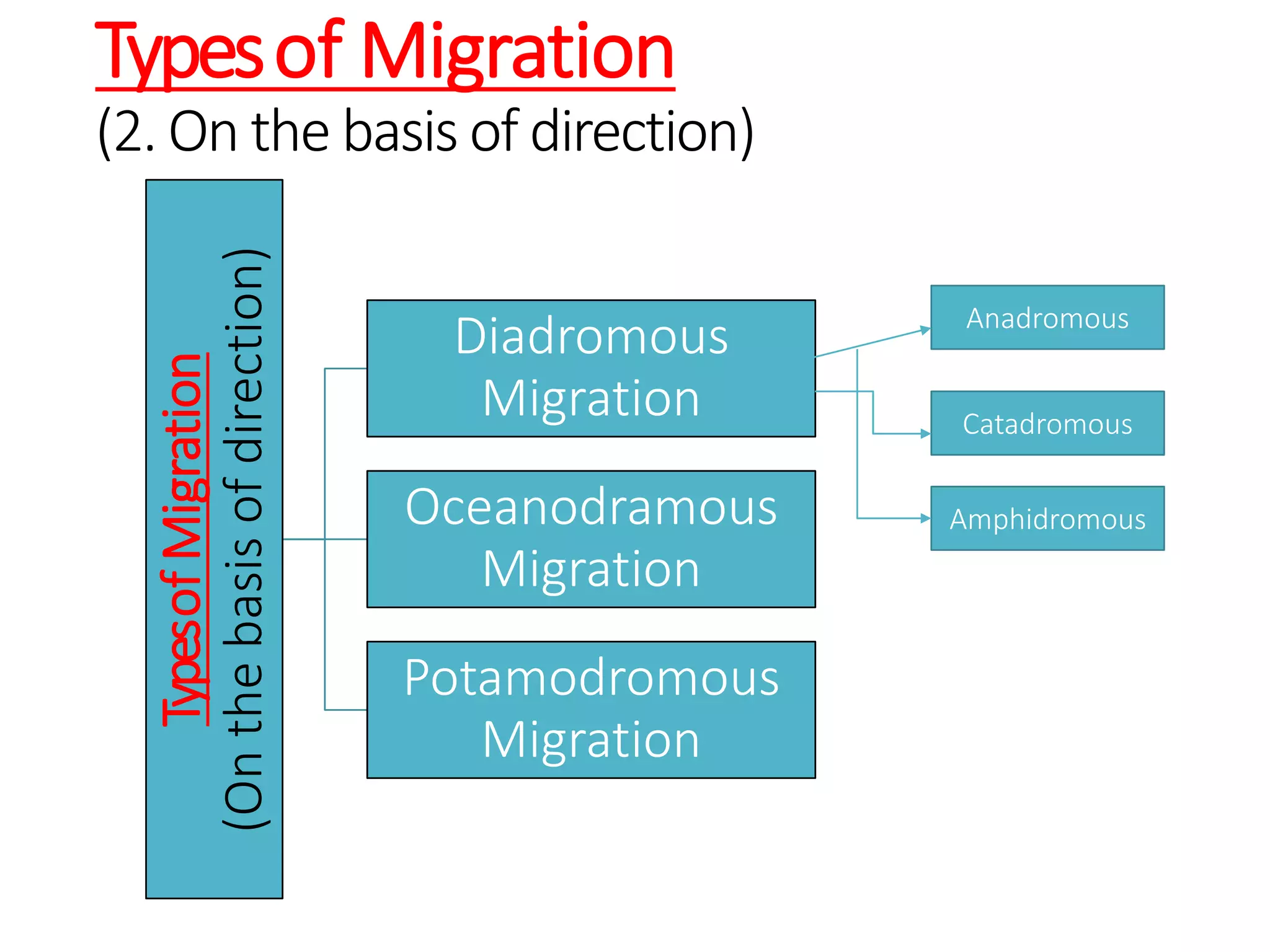 Typesof Migration
(2. On the basis of direction)
TypesofMigration
(Onthebasisofdirection)
Diadromous
Migration
Oceanodramous
Migration
Potamodromous
Migration
Anadromous
Catadromous
Amphidromous
 