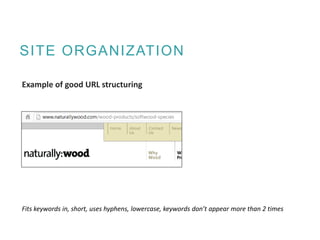 SITE ORGANIZATION
Example of good URL structuring
Fits keywords in, short, uses hyphens, lowercase, keywords don’t appear more than 2 times
 