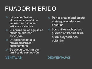 FIJADOR HIBRIDO
VENTAJAS DESVENTAJAS
 Se puede obtener
alineación con mínima
invasión en fracturas
articulares simples
 El anclaje de las agujas es
mejor en el hueso
esponjoso
 Deja libertad para la
movilidad articular
postoperatoria
 Se puede combinar con
tornillos de compresión
 Por la proximidad existe
el riesgo de infección
articular
 Los anillos radiopacos
pueden obstaculizar en
rx en proyecciones
estándar
 