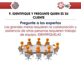 ¿Qué debe adquirir o desarrollar para
alcanzar la meta que persigue?
IDENTIFIQUE
EL CONOCIMIENTO
QUE VA A NECESITAR
Las habilidades… los talentos…
Escríbalos:
¿necesita ser un mejor
orador?
¿aprender más sobre un
área específica?
 