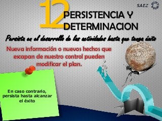 Persista en el desarrollo de las actividades hasta que tenga éxito
PERSISTENCIA Y
DETERMINACION
En caso contrario,
persista hasta alcanzar
el éxito
Nueva información o nuevos hechos que
escapan de nuestro control pueden
modificar el plan.
 
