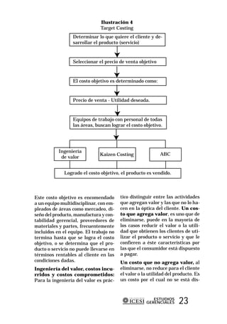 Ilustración 4
                              Target Costing
                 Determinar lo que quiere el cliente y de-
                 sarrollar el producto (servicio)



                 Seleccionar el precio de venta objetivo



                 El costo objetivo es determinado como:



                 Precio de venta - Utilidad deseada.



                 Equipos de trabajo con personal de todas
                 las áreas, buscan lograr el costo objetivo.




           Ingeniería
                              Kaizen Costing               ABC
            de valor


             Logrado el costo objetivo, el producto es vendido.




Este costo objetivo es encomendado      tico distinguir entre las actividades
a un equipo multidisciplinar, con em-   que agregan valor y las que no lo ha-
pleados de áreas como mercadeo, di-     cen en la óptica del cliente. Un cos-
seño del producto, manufactura y con-   to que agrega valor, es uno que de
tabilidad gerencial, proveedores de     eliminarse, puede en la mayoría de
materiales y partes, frecuentemente     los casos reducir el valor o la utili-
incluidos en el equipo. El trabajo no   dad que obtienen los clientes de uti-
termina hasta que se logra el costo     lizar el producto o servicio y que le
objetivo, o se determina que el pro-    confieren a éste características por
ducto o servicio no puede llevarse en   las que el consumidor está dispuesto
términos rentables al cliente en las    a pagar.
condiciones dadas.                      Un costo que no agrega valor, al
Ingeniería del valor, costos incu-      eliminarse, no reduce para el cliente
rridos y costos comprometidos:          el valor o la utilidad del producto. Es
Para la ingeniería del valor es prác-   un costo por el cual no se está dis-



                                                       ESTUDIOS
                                                    GERENCIALES     23
 