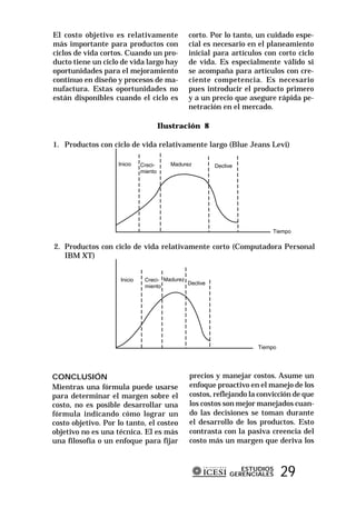 El costo objetivo es relativamente        corto. Por lo tanto, un cuidado espe-
más importante para productos con         cial es necesario en el planeamiento
ciclos de vida cortos. Cuando un pro-     inicial para artículos con corto ciclo
ducto tiene un ciclo de vida largo hay    de vida. Es especialmente válido si
oportunidades para el mejoramiento        se acompaña para artículos con cre-
continuo en diseño y procesos de ma-      ciente competencia. Es necesario
nufactura. Estas oportunidades no         pues introducir el producto primero
están disponibles cuando el ciclo es      y a un precio que asegure rápida pe-
                                          netración en el mercado.

                                Ilustración 8

1. Productos con ciclo de vida relativamente largo (Blue Jeans Levi)




2. Productos con ciclo de vida relativamente corto (Computadora Personal
   IBM XT)




CONCLUSIÓN                                precios y manejar costos. Asume un
Mientras una fórmula puede usarse         enfoque proactivo en el manejo de los
para determinar el margen sobre el        costos, reflejando la convicción de que
costo, no es posible desarrollar una      los costos son mejor manejados cuan-
fórmula indicando cómo lograr un          do las decisiones se toman durante
costo objetivo. Por lo tanto, el costeo   el desarrollo de los productos. Esto
objetivo no es una técnica. El es más     contrasta con la pasiva creencia del
una filosofía o un enfoque para fijar     costo más un margen que deriva los


                                                         ESTUDIOS
                                                      GERENCIALES     29
 
