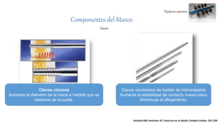 Fijadores externos
Componentes del Marco:
Clavos:
Clavos cónicos
Aumenta el diámetro de la rosca a medida que se
distancia de la punta.
Clavos recubiertos de fosfato de hidroxiapatita
Aumenta la estabilidad de contacto hueso-clavo
Disminuye el aflojamiento.
Bucholz RW, Heckman JD. Fracturas en el adulto. Estados Unidos. 231-244
 