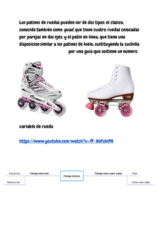 Los patines de ruedas pueden ser de dos tipos: el clásico,
conocido también como quad, que tiene cuatro ruedas colocadas
por parejas en dos ejes; y el patín en línea, que tiene una
disposición similar a los patines de hielo; sustituyendo la cuchilla
por una guía que sostiene un número
variable de rueda
https://www.youtube.com/watch?v=fF-HnFzkiPA
 