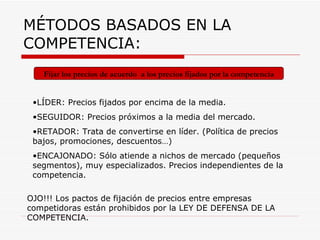 MÉTODOS BASADOS EN LA COMPETENCIA: Fijar los precios de acuerdo  a los precios fijados por la competencia LÍDER: Precios fijados por encima de la media. SEGUIDOR: Precios próximos a la media del mercado. RETADOR: Trata de convertirse en líder. (Política de precios bajos, promociones, descuentos…) ENCAJONADO: Sólo atiende a nichos de mercado (pequeños segmentos), muy especializados. Precios independientes de la competencia. OJO!!! Los pactos de fijación de precios entre empresas competidoras están prohibidos por la LEY DE DEFENSA DE LA COMPETENCIA. 
