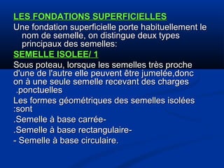LES FONDATIONS SUPERFICIELLESLES FONDATIONS SUPERFICIELLES
Une fondation superficielle porte habituellement leUne fondation superficielle porte habituellement le
nom de semelle, on distingue deux typesnom de semelle, on distingue deux types
principaux des semelles:principaux des semelles:
11//SEMELLE ISOLEESEMELLE ISOLEE
Sous poteau, lorsque les semelles très procheSous poteau, lorsque les semelles très proche
d'une de l'autre elle peuvent être jumelée,doncd'une de l'autre elle peuvent être jumelée,donc
on à une seule semelle recevant des chargeson à une seule semelle recevant des charges
ponctuellesponctuelles..
Les formes géométriques des semelles isoléesLes formes géométriques des semelles isolées
sontsont::
--Semelle à base carréeSemelle à base carrée..
--Semelle à base rectangulaireSemelle à base rectangulaire..
- Semelle à base circulaire.- Semelle à base circulaire.
 
