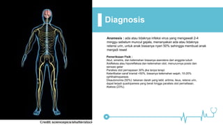 Diagnosis
Anamesis : ada atau tidaknya infeksi virus yang mengawali 2-4
minggu sebelum muncul gejala, menanyakan ada atau tidaknya
retensi urin, untuk anak biasanya nyeri 50% sehingga membuat anak
menjadi rewel
Pemeriksaan Fisik :
Akut, simetris, dan kelemahan biasanya asendens dari anggota tubuh
Arefleksia atau hiporefleksia dan kelemahan otot, menurunnya posisi dan
sensasi getar
Paralisis otot pernapasan 30% jika tanpa terapi
Keterlibatan saraf kranial <50%, biasanya kelemahan wajah, 10-20%
ophthalmoparesis
Disautonomia (50%): tekanan darah yang labil, aritmia, ileus, retensi urin,
dapat terjadi quadriparesis yang berat hingga paralisis otot pernafasan.
Ataksia (23%).
 