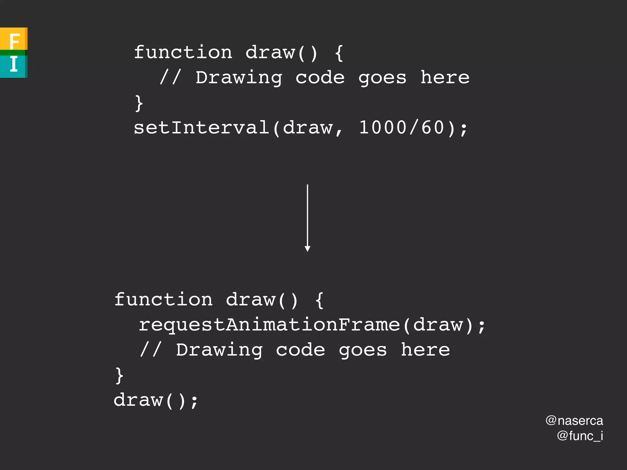 @naserca
@func_i
function draw() {
requestAnimationFrame(draw);
// Drawing code goes here
}
draw();
function draw() {
// Drawing code goes here
}
setInterval(draw, 1000/60);
 