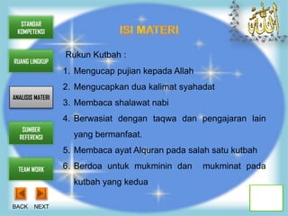 STANDAR
 KOMPETENSI


                  Rukun Kutbah :
RUANG LINGKUP
                  1. Mengucap pujian kepada Allah
                  2. Mengucapkan dua kalimat syahadat
ANALISIS MATERI
                  3. Membaca shalawat nabi
                  4. Berwasiat dengan taqwa dan pengajaran lain
   SUMBER
  REFERENSI         yang bermanfaat.
                  5. Membaca ayat Alquran pada salah satu kutbah

  TEAM WORK       6. Berdoa untuk mukminin dan      mukminat pada
                    kutbah yang kedua

BACK    NEXT
 