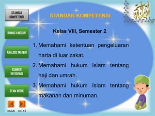 STANDAR
 KOMPETENSI



RUANG LINGKUP            Kelas VIII, Semester 2

                  1. Memahami ketentuan pengeluaran
ANALISIS MATERI
                   harta di luar zakat.
                  2. Memahami hukum Islam tentang
   SUMBER
  REFERENSI
                   haji dan umrah.
                  3. Memahami hukum Islam tentang
  TEAM WORK
                   makanan dan minuman.

BACK    NEXT
 