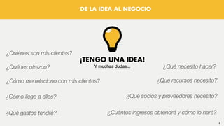 ¡TENGO UNA IDEA!
Y muchas dudas...
¿Quiénes son mis clientes?
¿Qué les ofrezco?
¿Cómo me relaciono con mis clientes?
¿Cómo llego a ellos?
¿Qué necesito hacer?
¿Qué recursos necesito?
¿Qué socios y proveedores necesito?
¿Qué gastos tendré? ¿Cuántos ingresos obtendré y cómo lo haré?
DE LA IDEA AL NEGOCIO
 