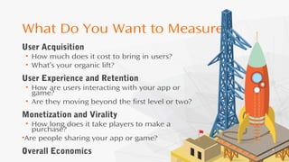 What Do You Want to Measure?
User Acquisition
• How much does it cost to bring in users?
• What’s your organic lift?
User Experience and Retention
• How are users interacting with your app or
game?
• Are they moving beyond the first level or two?
Monetization and Virality
• How long does it take players to make a
purchase?
•Are people sharing your app or game?
Overall Economics
 