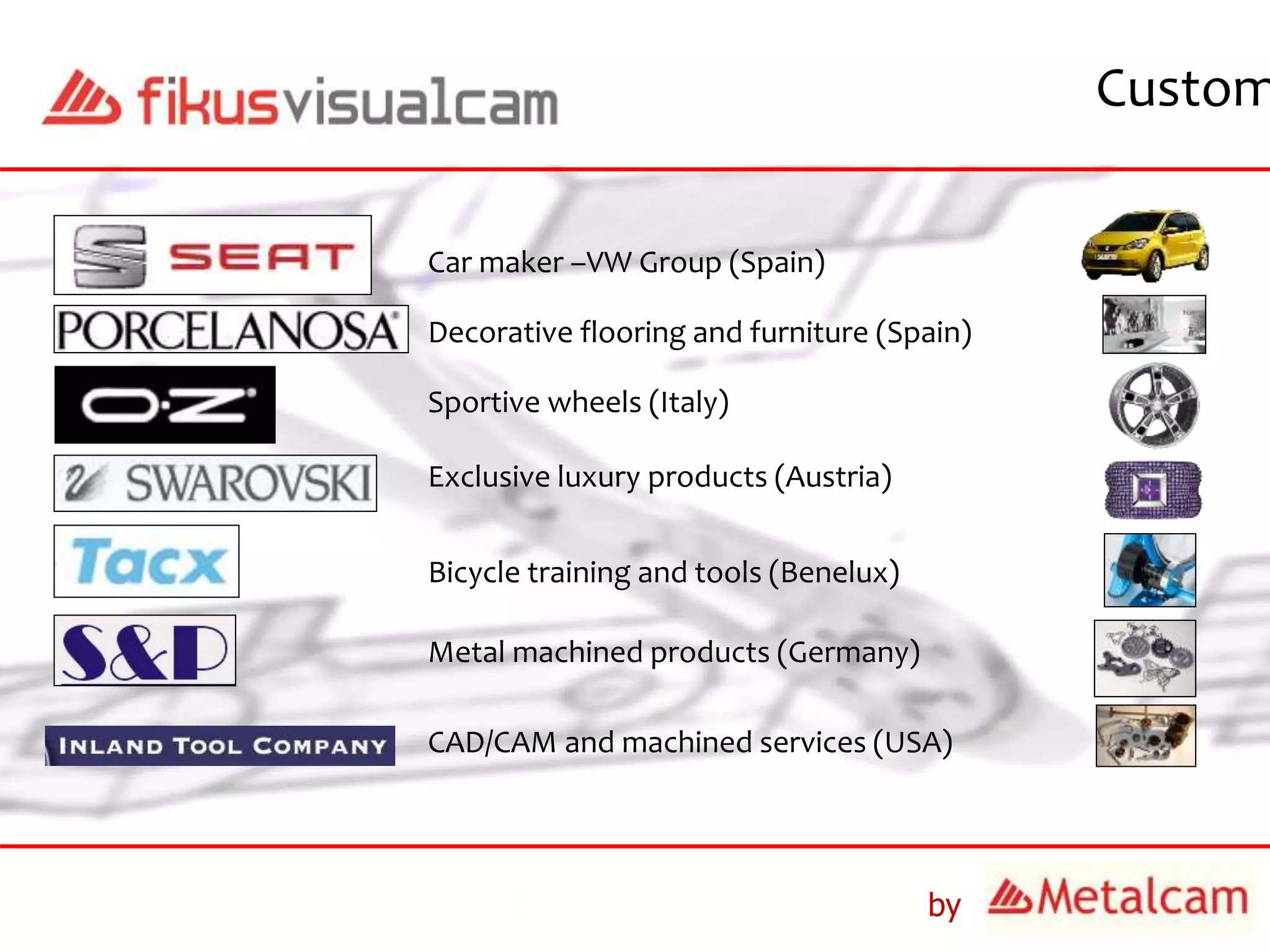 by
Custom
Exclusive luxury products (Austria)
Metal machined products (Germany)
Car maker –VW Group (Spain)
Sportive wheels (Italy)
Bicycle training and tools (Benelux)
CAD/CAM and machined services (USA)
Decorative flooring and furniture (Spain)
 