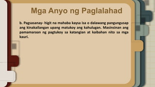 Mga Anyo ng Paglalahad
b. Pagsasanay- higit na mahaba kaysa isa o dalawang pangungusap
ang kinakailangan upang matukoy ang kahulugan. Masinsinan ang
pamamaraan ng pagtukoy sa katangian at kaibahan nito sa mga
kauri.
 