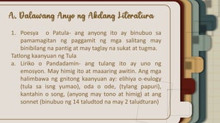 1. Poesya o Patula- ang anyong ito ay binubuo sa
pamamagitan ng paggamit ng mga salitang may
binibilang na pantig at may taglay na sukat at tugma.
Tatlong kaanyuan ng Tula
a. Liriko o Pandadamin- ang tulang ito ay uno ng
emosyon. May himig ito at maaaring awitin. Ang mga
halimbawa ng gnitong kaanyuan ay: elihiya o eulogy
(tula sa isng yumao), oda o ode, (tylang papuri),
kantahin o song, (anyong may tono at himig) at ang
sonnet (binubuo ng 14 taludtod na may 2 taludturan)
 