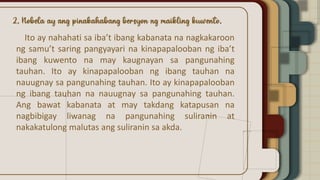 Ito ay nahahati sa iba’t ibang kabanata na nagkakaroon
ng samu’t saring pangyayari na kinapapalooban ng iba’t
ibang kuwento na may kaugnayan sa pangunahing
tauhan. Ito ay kinapapalooban ng ibang tauhan na
nauugnay sa pangunahing tauhan. Ito ay kinapapalooban
ng ibang tauhan na nauugnay sa pangunahing tauhan.
Ang bawat kabanata at may takdang katapusan na
nagbibigay liwanag na pangunahing suliranin at
nakakatulong malutas ang suliranin sa akda.
 