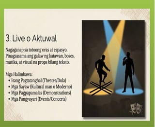 Ang tekstong Multimodal ay
maaaring papel – gaya ng mga
aklat, komiks, posters.
Ang tekstong Multimodal ay
maaaring digital – mula sa slide
presentations, e-books, blogs, e-
posters, web pages at social media,
tungo sa animation, pelikula at video
games.
 