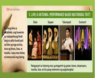 Ang tekstong Multimodal ay
maaaring papel – gaya ng mga
aklat, komiks, posters.
Ang tekstong Multimodal ay
maaaring digital – mula sa slide
presentations, e-books, blogs, e-
posters, web pages at social media,
tungo sa animation, pelikula at video
games.
 