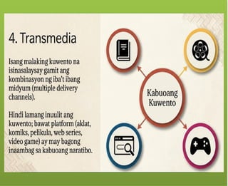 Ang tekstong Multimodal ay
maaaring papel – gaya ng mga
aklat, komiks, posters.
Ang tekstong Multimodal ay
maaaring digital – mula sa slide
presentations, e-books, blogs, e-
posters, web pages at social media,
tungo sa animation, pelikula at video
games.
 