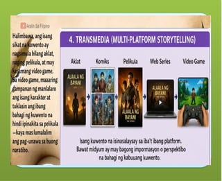 Ang tekstong Multimodal ay
maaaring papel – gaya ng mga
aklat, komiks, posters.
Ang tekstong Multimodal ay
maaaring digital – mula sa slide
presentations, e-books, blogs, e-
posters, web pages at social media,
tungo sa animation, pelikula at video
games.
 