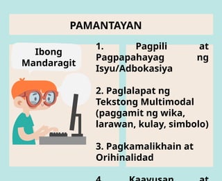 1. Pagpili at
Pagpapahayag ng
Isyu/Adbokasiya
2. Paglalapat ng
Tekstong Multimodal
(paggamit ng wika,
larawan, kulay, simbolo)
3. Pagkamalikhain at
Orihinalidad
PAMANTAYAN
Ibong
Mandaragit
 