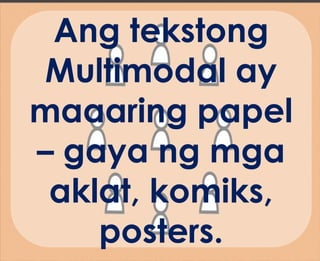 Ang tekstong
Multimodal ay
maaaring papel
– gaya ng mga
aklat, komiks,
posters.
 