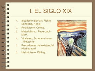 I. EL SIGLO XIX Idealismo alemán:  Fichte ,  Schelling ,  Hegel . Positivismo:  Comte . Materialismo:  Feuerbach ,  Marx . Vitalismo:  Schopennhauer ,  Nietzsche . Precedentes del existencialismo:  Kierkegaard . Historicismo:  Dilthey . 