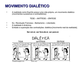 MOVIMENTO DIALÉTICO
•   A realidade como Espírito possui uma vida própria, um movimento dialético
    (movimentos sucessivos e contraditórios)

                         TESE – ANTÍTESE – SÍNTESE

•   Ex.: Revolução Francesa – Barbarismo – Liberdade;
•   A realidade é dinâmica.
•   Embate e superação das contradições: dialética [movimento real da realidade].

                     Ser em-si, ser fora-de-si, ser para-si.
 
