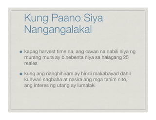Kung Paano Siya
     Nangangalakal

    kapag harvest time na, ang cavan na nabili niya ng
     murang mura ay binebenta niya sa halagang 25
     reales


    kung ang nanghihiram ay hindi makabayad dahil
     kunwari nagbaha at nasira ang mga tanim nito,
     ang interes ng utang ay lumalaki
 