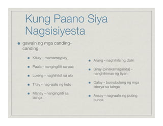 Kung Paano Siya
      Nagsisiyesta

    gawain ng mga canding-
     canding

       
    Kikay - mamamaypay
                                           
    Arang - naghihila ng daliri
       
    Paula - nangingiliti sa paa
                                           
    Biray (pinakamaganda) -
                                                nanghihimas ng tiyan
       
    Loleng - naghihilot sa ulo
                                           
    Calay - bumubulong ng mga
       
    Titay - nag-aalis ng kuto
                                                istorya sa tainga
       
    Manay - nangingiliti sa
                                           
    Ansay - nag-aalis ng puting
            tainga
                                                buhok
 
