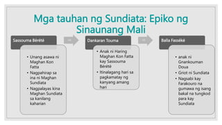 Mga tauhan ng Sundiata: Epiko ng
Sinaunang Mali
Sassouma Bérété
• Unang asawa ni
Maghan Kon
Fatta
• Nagpahirap sa
ina ni Maghan
Sundiata
• Nagpalayas kina
Maghan Sundiata
sa kanilang
kaharian
Dankaran Touma
• Anak ni Haring
Maghan Kon Fatta
kay Sassouma
Bérété
• Itinalagang hari sa
pagkamatay ng
kanyang amang
hari
Balla Fasséké
• anak ni
Gnankouman
Doua
• Griot ni Sundiata
• Nagsabi kay
Farakouro na
gumawa ng isang
bakal na tungkod
para kay
Sundiata
 