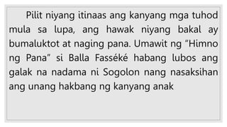 Pilit niyang itinaas ang kanyang mga tuhod
mula sa lupa, ang hawak niyang bakal ay
bumaluktot at naging pana. Umawit ng “Himno
ng Pana” si Balla Fasséké habang lubos ang
galak na nadama ni Sogolon nang nasaksihan
ang unang hakbang ng kanyang anak
 