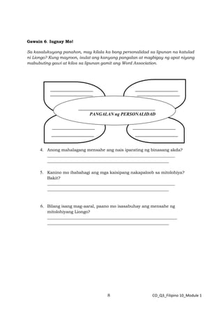 8 CO_Q3_Filipino 10_Module 1
Gawain 6. Iugnay Mo!
Sa kasalukuyang panahon, may kilala ka bang personalidad sa lipunan na katulad
ni Liongo? Kung mayroon, isulat ang kanyang pangalan at magbigay ng apat niyang
mabubuting gawi at kilos sa lipunan gamit ang Word Association.
4. Anong mahalagang mensahe ang nais iparating ng binasang akda?
______________________________________________________________
___________________________________________________________
5. Kanino mo ibabahagi ang mga kaisipang nakapaloob sa mitolohiya?
Bakit?
______________________________________________________________
___________________________________________________________
6. Bilang isang mag-aaral, paano mo isasabuhay ang mensahe ng
mitolohiyang Liongo?
_______________________________________________________________
___________________________________________________________
PANGALAN ng PERSONALIDAD
 