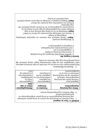23 CO_Q3_Filipino 10_Module 1
GAWAIN
4:
Tayo
ay
magsuri
1.
Ang
suliranin
na
kinaharap
ng
tauhan
ay
kung
paano
maitatago
ang
kanyang
kapangyarihan
at
kung
paano
magtatagumpay
sa
kanyang
pananakop.
2.
Mga
desisyon
ng
pangunahing
tauhan
Ilihim
ang
kanyang
kapangyarihan
Tumakas
sa
kulungan
Makipagdigmaan
laban
sa
mga
Gala
Pagpapatunay:
Tamang
ilihim
ang
kanyang
kapangyarihan
upang
di
malaman
ng
iba
ang
kanyang
kahinaan
at
siya
ay
di
pangkaraniwan.
Pagpapatunay:
Sa
pagtakas,
nakatulong
siya
sa
pagkamit
ng
iba
sa
kalayaan.
Pagpapatunay:
Dahil
sa
pakikidigma,
napabilang
siya
sa
pamilya
ng
hari.
3.
Emoticon/Reaksiyon
Ibig
ipakahulugan
nito
na
ang
tao
ay
marupok
sa
mga
sitwasyon
na
kung
saan
nakagagawa
sila
ng
mga
masasamang
bagay
upang
makamit
ng
nang
walang
hirap
ang
mga
ninanais
sa
buhay.
Gawain
5
Iugnay
Mo
A.
MANNY
PACQUIAO
(Pangalan
ng
Personalidad)
a.
marunong
tumulong
sa
kapwa
b.
magpagmahal
sa
ina
c.marunong
ipamalas
ang
kagalingan
d.magaling
sa
pagdedesisyon
B.
Mahalagang
mensahe
Sagot:
Upang
makamit
ang
inaasam
na
tagumpay
kailangang
magpursigi
at
tiyaga.
C.
Kanino
mo
ibabahagi
ang
mensahe
ng
teksto?
At
bakit?
Sagot:
Ibabahagi
ko
ito
sa
aking
mga
kamag-aral
at
mga
kaibigan
dahil
ang
pagbabahagi
ng
mga
aral
sa
ibang
tao
ay
isang
paraan
ng
pagtulong
na
rin
sa
kanila
upang
makamit
nila
ang
tagumpay.
D.Paano
mo
isasabuhay
ang
mensahe
ng
teksto?
Sagot:
Maging
masipag
at
matiyaga
sa
pag-aaral
upang
makamit
ang
minimithi
sa
buhay.
 