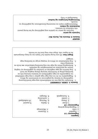 25 CO_Q3_Filipino 10_Module 1
Gawain
3.
LIKES
/COMMENT
1.
Konsepto
ng
pag-asa
na
makakawala
ang
mga
kasalukuyang
naghihirap
sa
kamay
ng
pagdurusa
sa
kontinente
ng
Africa.
2.
Nagpapakita
rin
ito
na
ang
mga
taga-gabay
o
ang
mga
indibidwal
na
magsasalba
sa
mga
naghihikaos
ay
kasama
lamang
nila
sa
kanilang
piling
at
hinihintay
lamang
silang
maging
isa
muli.
3.
Ang
kwento
ng
mga
naghirap
at
lumaban
sa
paghihirap
ay
naging
laman
ng
panitikan
sa
pamamagitan
ng
salindila.
4.
Kailangang
ilihim
ng
mga
tao
ang
kanilang
kakayahan
na
mula
sa
kanilang
tribo.
5.
Ang
kababaihan
sa
Africa
ay
mapag-aruga
sa
kanilang
mga
sanggol
Hugot
line:
Eh
ano
kung
maitim
ka?
Isipin
mo
na
lang
champorado
ka
at
lugaw
sila.
Kaya
mas
may
lasa
ka
sa
kanila.
ISAISIP
Gawain
2:
Kwento
ko,
Suriin
Mo!
Layunin
ng
awtor
Layunin
ng
awtor
na
ipakita
ang
paghihirap
ng
tao
kung
paano
sila
nakalaya
sa
rasismo.
Damdamin
ng
teksto
Nakalulungkot
isipin
na
maraming
dumadranas
ng
paghihirap
sa
mundo.
Natatanging
katangian
ng
tauhan
Nakalilipad
si
Toby
Isagawa:
Pagsasanay
1.A
1.
Pagsikat
4.
Hiyawan
2.
Ulila
5.
Mahiwaga
3.
Nagpagulong-gulong
Pagsasanay
1.B
1.Araw
5.
Salita
9.mainit
2.
Patay
6.
Narinig
10.nakalipad
3.
Lalaki
7.
naibulong
4.
bumagsak
8.
Hangin
 