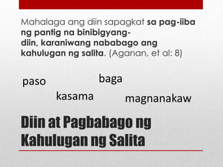 Mahalaga ang diin sapagkat sa pag-iiba
ng pantig na binibigyang-diin,
karaniwang nababago ang kahulugan ng
salita. (Aganan, et al: 8)

baga

paso
kasama

magnanakaw

Diin at Pagbabago ng
Kahulugan ng Salita

 