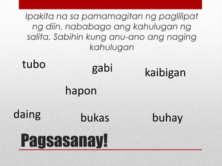 Ipakita na sa pamamagitan ng paglilipat
ng diin, nababago ang kahulugan ng
salita. Sabihin kung anu-ano ang naging
kahulugan

tubo

gabi

kaibigan

hapon

daing

bukas

Pagsasanay!

buhay

 