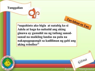 Tunggalian
Tao
la

ban
sa

“napahinto ako bigla at natabig ko si
Adela at bago ko nabatid ang aking
ginawa ay gumuhit na ng tatlong sunodsunod na maikling landas na pula na
nakapagpapangit sa kadiliman ng gabi ang
aking rebolber”

Tao

tna
Gi

 