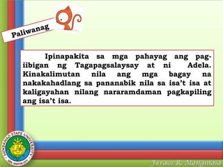 anag
w
Pali

Ipinapakita sa mga pahayag ang pagiibigan ng Tagapagsalaysay at ni
Adela.
Kinakalimutan nila ang mga bagay na
nakakahadlang sa pananabik nila sa isa’t isa at
kaligayahan nilang nararamdaman pagkapiling
ang isa’t isa.

 