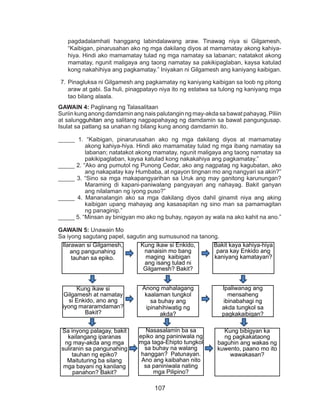 107
pagdadalamhati hanggang labindalawang araw. Tinawag niya si Gilgamesh,
“Kaibigan, pinarusahan ako ng mga dakilang diyos at mamamatay akong kahiya-
hiya. Hindi ako mamamatay tulad ng mga namatay sa labanan; natatakot akong
mamatay, ngunit maligaya ang taong namatay sa pakikipaglaban, kaysa katulad
kong nakahihiya ang pagkamatay.” Iniyakan ni Gilgamesh ang kaniyang kaibigan.
7.	Pinagluksa ni Gilgamesh ang pagkamatay ng kaniyang kaibigan sa loob ng pitong
araw at gabi. Sa huli, pinagpatayo niya ito ng estatwa sa tulong ng kaniyang mga
tao bilang alaala.
GAWAIN 4: Paglinang ng Talasalitaan
Suriin kung anong damdamin ang nais palutangin ng may-akda sa bawat pahayag. Piliin
at salungguhitan ang salitang nagpapahayag ng damdamin sa bawat pangungusap.
Isulat sa patlang sa unahan ng bilang kung anong damdamin ito.
_____ 1. “Kaibigan, pinarurusahan ako ng mga dakilang diyos at mamamatay
akong kahiya-hiya. Hindi ako mamamatay tulad ng mga ibang namatay sa
labanan; natatakot akong mamatay, ngunit maligaya ang taong namatay sa
pakikipaglaban, kaysa katulad kong nakakahiya ang pagkamatay.”
_____ 2. “Ako ang pumutol ng Punong Cedar, ako ang nagpatag ng kagubatan, ako
ang nakapatay kay Humbaba, at ngayon tingnan mo ang nangyari sa akin?”
_____ 3. “Sino sa mga makapangyarihan sa Uruk ang may ganitong karunungan?
Maraming di kapani-paniwalang pangyayari ang nahayag. Bakit ganyan
ang nilalaman ng iyong puso?”
_____ 4. Mananalangin ako sa mga dakilang diyos dahil ginamit niya ang aking
kaibigan upang mahayag ang kasasapitan ng sino man sa pamamagitan
ng panaginip.”
_____ 5. “Minsan ay binigyan mo ako ng buhay, ngayon ay wala na ako kahit na ano.”
GAWAIN 5: Unawain Mo
Sa iyong sagutang papel, sagutin ang sumusunod na tanong.
Ilarawan si Gilgamesh,
ang pangunahing
tauhan sa epiko.
Kung ikaw si Enkido,
nanaisin mo bang
maging kaibigan
ang isang tulad ni
Gilgamesh? Bakit?
Bakit kaya kahiya-hiya
para kay Enkido ang
kaniyang kamatayan?
Kung ikaw si
Gilgamesh at namatay
si Enkido, ano ang
iyong mararamdaman?
Bakit?
Anong mahalagang
kaalaman tungkol
sa buhay ang
ipinahihiwatig ng
akda?
Ipaliwanag ang
mensaheng
ibinabahagi ng
akda tungkol sa
pagkakaibigan?
Sa inyong palagay, bakit
kailangang iparanas
ng may-akda ang mga
suliranin sa pangunahing
tauhan ng epiko?
Maituturing ba silang
mga bayani ng kanilang
panahon? Bakit?
Nasasalamin ba sa
epiko ang paniniwala ng
mga taga-Ehipto tungkol
sa buhay na walang
hanggan? Patunayan.
Ano ang kaibahan nito
sa paniniwala nating
mga Pilipino?
Kung bibigyan ka
ng pagkakataong
baguhin ang wakas ng
kuwento, paano mo ito
wawakasan?
 