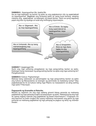 108
GAWAIN 6: Kapangyarihan Mo, Ipakita Mo
Isa sa mga katangian ng tauhan ng epiko ay ang pagkakaroon nito ng supernatural
na kapangyarihan. Bagaman ang binasang epiko ay isang buod lamang, sikaping
matukoy ang supernatural na katangian ng bawat tauhan. Sipiin sa iyong sagutang
papel ang lobo ng diyalogo at isulat ang hinihinging impormasyon.
GAWAIN 7: Ipagtanggol Mo
Suriin ang mga suliraning pinagdaanan ng mga pangunahing tauhan sa epiko.
Kailangan bang maranasan ng pangunahing tauhan sa epiko ang mga suliraning ito?
Pangatuwiranan.
GAWAIN 8: Kultura: Paghambingin
Malinaw bang nailarawan sa pamamagitan ng mga pangunahing tauhan sa epiko
ang kultura ng Mesopotamia sa larangan ng paniniwala sa ikalawang buhay? May
pagkakatulad ba ito sa kultura nating mga Pilipino na masasalamin sa ating sariling
mga epiko? Patunayan.
Pagsasanib ng Gramatika at Retorika
Marahil ay napansin mo ang mga salitang ginamit bilang pananda sa mabisang
paglalahad ng mga pahayag tungkol sa kasaysayan ng epiko. Nakatulong ba ang mga
ito upang maging malinaw ang paglalahad ng bawat impormasyon? Tunghayan mo
ang kasunod na aralin tungkol dito upang mabisang maunawaan ang gamit ng mga
pananda sa mabisang paglalahad ng mga pahayag sa pagbuo ng iskrip ng chamber
theater.
Ako si Enkido. Sa taglay
kong supernatural na
kapangyarihan, kaya
kong _______________.
Ako si Utnapishtim.
Mula sa mga diyos,
taglay ko ang
kapangyarihang
______________.
Ako si Gilgamesh. Ako
ay may kapangyarihang
___________________
__________________.
Ako si Urshanabi. Ako ay isang
mamamangkang may
kapangyarihang ____________.
 
