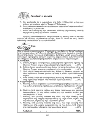 113
Pagnilayan at Unawain
1.	 May pagkakaiba ba o pagkakatulad ang Epiko ni Gilgamesh sa iba pang
epikong iyong nabasa tulad ng “Tuwaang?” Patunayan.
2.	 Ang mga tauhan ba sa epiko ay nagtataglay ng supernatural na kapangyarihan?
Magbigay ng mga patunay.
3.	 Paano nakatutulong ang mga pananda sa mabisang paglalahad ng pahayag
sa pagsulat ng iskrip ng Chamber Theater?
	
	 Ngayong nauunawaan mo na nang lubusan kung ano ang epiko at ang mga
pananda sa mabisang paglalahad ng pahayag, ilipat mo naman sa isang kapaki-
pakinabang na gawain ang iyong mga natutuhan.
Ilipat
Bilang bahagi ng pagdiriwang ng “Pagtatangi sa mga Epiko ng Bansa,” naatasan
ang inyong samahan ng Performing Arts of the Philippines na itanghal sa chamber
theater ang akdang “Tuwaang at ang Dalaga ng Buhong na Langit” upang magalak
at maibigan ng mga piling panauhin ang inyong pagsasadula sa Cultural Center of
the Philippines (CCP) kailangang alalahanin ang sumusunod na pamantayan:
A. Iskrip (50%)
1.	 Orihinal, hango sa epikong ibinigay, taglay ang lahat ng elemento ng iskrip ng
Chamber Theater, angkop ang paglalapat ng tunog at musika	 .....50%
2.	 Orihinal, hango sa epikong ibinigay, kulang ng isang elemento ng iskrip ng
Chamber Theater, angkop ang paglalapat ng tunog at musika.	 .....40%
3.	 Hindi orihinal, hango sa epikong ibinigay, kulang ng dalawang elemento ng
iskrip ng Chamber Theater, gumamit ng tunog at musika ngunit hindi naman
angkop								.....30%
4.	 Hindi orihinal, hango sa epikong ibinigay, kulang ng dalawang elemento ng
iskrip ng Chamber Theater, hindi nilapatan ng tunog at musika .....20%
B. Pagganap (50%)
1.	 Masining, malakas ang boses, nagampanan ang pagiging tagapagsalaysay ng
mga tauhan, angkop ang mga kasuotan, angkop ang mga kagamitan o “props”
									.....50%
2.	 Masining, hindi gaanong malakas ang boses, nagampanan ang pagiging
tagapagsalaysay ng mga tauhan, angkop ang mga kasuotan, angkop ang
mga kagamitan o “props”						.....40%
3.	 Masining, hindi gaanong malakas ang boses, may mga bahaging hindi
nagampanan ang pagiging tagapagsalaysay ng mga tauhan, angkop ang
mga kasuotan, angkop ang mga kagamitan o “props”		 .....30%
4.	 Masining, hindi gaanong malakas ang boses, may mga bahaging hindi
nagampanan ang pagiging tagapagsalaysay ng mga tauhan, hindi angkop
ang mga kasuotan, kulang ang mga kagamitan o “props”		 .....20%
	 KABUUAN		 .	 .	 .	 .	 . . 100%	
 