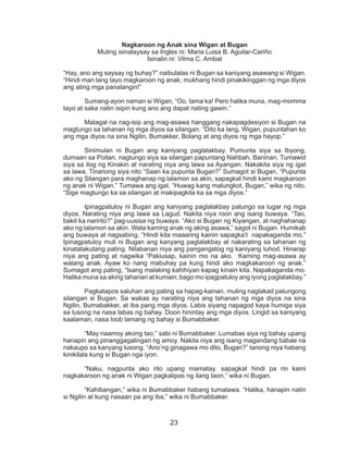 23
Nagkaroon ng Anak sina Wigan at Bugan
Muling isinalaysay sa Ingles ni: Maria Luisa B. Aguilar-Cariño
Isinalin ni: Vilma C. Ambat
“Hay, ano ang saysay ng buhay?” naibulalas ni Bugan sa kaniyang asawang si Wigan.
“Hindi man lang tayo magkaroon ng anak; mukhang hindi pinakikinggan ng mga diyos
ang ating mga panalangin!”
	 Sumang-ayon naman si Wigan, “Oo, tama ka! Pero halika muna, mag-momma
tayo at saka natin isipin kung ano ang dapat nating gawin.”
	 Matagal na nag-isip ang mag-asawa hanggang nakapagdesiyon si Bugan na
magtungo sa tahanan ng mga diyos sa silangan. “Dito ka lang, Wigan, pupuntahan ko
ang mga diyos na sina Ngilin, Bumakker, Bolang at ang diyos ng mga hayop.”
	 Sinimulan ni Bugan ang kaniyang paglalakbay. Pumunta siya sa Ibyong,
dumaan sa Poitan, nagtungo siya sa silangan papuntang Nahbah, Baninan. Tumawid
siya sa ilog ng Kinakin at narating niya ang lawa sa Ayangan. Nakakita siya ng igat
sa lawa. Tinanong siya nito “Saan ka pupunta Bugan?” Sumagot si Bugan, “Pupunta
ako ng Silangan para maghanap ng lalamon sa akin, sapagkat hindi kami magkaroon
ng anak ni Wigan.” Tumawa ang igat. “Huwag kang malungkot, Bugan,” wika ng nito.
“Sige magtungo ka sa silangan at makipagkita ka sa mga diyos.”
	 Ipinagpatuloy ni Bugan ang kaniyang paglalakbay patungo sa lugar ng mga
diyos. Narating niya ang lawa sa Lagud. Nakita niya roon ang isang buwaya. “Tao,
bakit ka naririto?” pag-uusisa ng buwaya. “Ako si Bugan ng Kiyangan, at naghahanap
ako ng lalamon sa akin. Wala kaming anak ng aking asawa,” sagot ni Bugan. Humikab
ang buwaya at nagsabing, “Hindi kita maaaring kainin sapagka’t napakaganda mo.”
Ipinagpatuloy muli ni Bugan ang kanyang paglalakbay at nakarating sa tahanan ng
kinatatakutang pating. Nilabanan niya ang pangangatog ng kaniyang tuhod. Hinarap
niya ang pating at nagwika “Pakiusap, kainin mo na ako. Kaming mag-asawa ay
walang anak. Ayaw ko nang mabuhay pa kung hindi ako magkakaroon ng anak.”
Sumagot ang pating, “Isang malaking kahihiyan kapag kinain kita. Napakaganda mo.
Halika muna sa aking tahanan at kumain; bago mo ipagpatuloy ang iyong paglalakbay.”
	 Pagkatapos saluhan ang pating sa hapag-kainan, muling naglakad patungong
silangan si Bugan. Sa wakas ay narating niya ang tahanan ng mga diyos na sina
Ngilin, Bumabakker, at iba pang mga diyos. Labis siyang napagod kaya humiga siya
sa lusong na nasa labas ng bahay. Doon hinintay ang mga diyos. Lingid sa kaniyang
kaalaman, nasa loob lamang ng bahay si Bumabbaker.
	 “May naamoy akong tao,” sabi ni Bumabbaker. Lumabas siya ng bahay upang
hanapin ang pinanggagalingan ng amoy. Nakita niya ang isang magandang babae na
nakaupo sa kanyang lusong. “Ano’ng ginagawa mo dito, Bugan?” tanong niya habang
kinikilala kung si Bugan nga iyon.
	 “Naku, nagpunta ako rito upang mamatay, sapagkat hindi pa rin kami
nagkakaroon ng anak ni Wigan pagkalipas ng ilang taon,” wika ni Bugan.
	
	 “Kahibangan,” wika ni Bumabbaker habang tumatawa. “Halika, hanapin natin
si Ngilin at kung nasaan pa ang iba,” wika ni Bumabbaker.
 