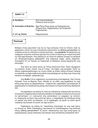 44
Matapos mong pag-aralan ang isa sa mga sanaysay mula sa Greece, ikaw ay
gagabayan naman ng mga mensaheng matututuhan sa akdang pampanitikan na
umaakay sa tao sa matuwid na landas ng buhay – ang parabula. Sinasabing ito ay
natagpuan sa kauna-unahang mga taon sa mundo at nabuhay sa mayamang wika
ng mga taga-Silangan. Ang salitang ito ay buhat sa salitang Griyego na parabole
na nangangahulugang pagtatabihin ang dalawang bagay upang pagtularin.
Gumagamit ito ng Tayutay na Pagtutulad at Metapora upang bigyang-diin ang
kahulugan.
Ang Syria ay isang bansa sa Timog Kanlurang Asya. Nasa hangganan
ng Lebanon, Israel, Jordan, Iraq at Turkey. Sa Ingles, ang pangalan “Syria” ay
dating magkasingkahulugan sa Levant (kilala sa Arabic bilang al-sham) habang
sumasaklaw sa mga modernong estado ang katatagpuan ng ilang mga sinaunang
kaharian at imperyo. (wikipedia.org).
Ang Aralin 1.3 ay naglalaman ng parabulang pinamagatang “Ang Tusong
Katiwala” mula sa Bagong Tipan. Bahagi rin ng aralin ang pagtalakay sa mga
piling pang-ugnay sa pagsasalaysay – pagsisimula, pagdadaloy ng pangyayari at
pagwawakas na makatutulong upang maunawaan mo ang mensaheng nakapaloob
dito.
Sa pagtatapos ng araling ito, ikaw ay inaasahang makasusulat ng tuntunin
kung paano magiging isang huwarang kabataan sa daigdig na batay sa sumusunod
na pamantayan: a.) nasusunod ang pamantayan sa paggawa ng tuntunin;
b.) nakaugnay sa layon ang tuntuning nabuo, c) nagtataglay ng holistikong dulog
na saklaw ang lahat ng kabataan, at d) nagtataglay ng payak na salita ngunit
madaling maunawaan at sundin na mga tuntunin.
Pagkatapos ng araling ito, inaasahang masasagot mo ang mga pokus
na tanong na: Bakit mahalagang maunawaan at mapahalagahan ang parabula
bilang akdang pampanitikan? At paano nakatutulong ang mga pang-ugnay sa
pagsasalaysay upang mabisang maunawaan ang mensaheng nakapaloob dito?
Aralin 1.3
Panimula
A. Panitikan: 		 Ang Tusong Katiwala
	 Parabula mula sa Syria
B. Gramatika at Retorika: 	 Mga Piling Pang-ugnay sa Pagsasalaysay
				(Pagsisimula, Pagpapadaloy ng Pangyayari,
				Pagwawakas)
		
C. Uri ng Teksto: 		 Nagsasalaysay
 