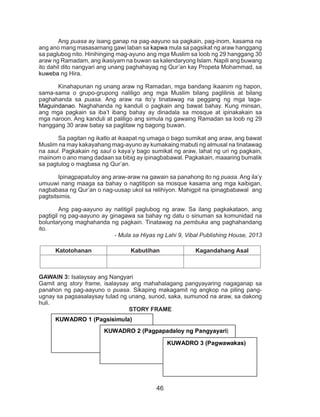 46
	Ang puasa ay isang ganap na pag-aayuno sa pagkain, pag-inom, kasama na
ang ano mang masasamang gawi laban sa kapwa mula sa pagsikat ng araw hanggang
sa paglubog nito. Hinihinging mag-ayuno ang mga Muslim sa loob ng 29 hanggang 30
araw ng Ramadam, ang ikasiyam na buwan sa kalendaryong Islam. Napili ang buwang
ito dahil dito nangyari ang unang paghahayag ng Qur’an kay Propeta Mohammad, sa
kuweba ng Hira.
	 Kinahapunan ng unang araw ng Ramadan, mga bandang ikaanim ng hapon,
sama-sama o grupo-grupong naliligo ang mga Muslim bilang paglilinis at bilang
paghahanda sa puasa. Ang araw na ito’y tinatawag na peggang ng mga taga-
Maguindanao. Naghahanda ng kanduli o pagkain ang bawat bahay. Kung minsan,
ang mga pagkain sa iba’t ibang bahay ay dinadala sa mosque at ipinakakain sa
mga naroon. Ang kanduli at paliligo ang simula ng gawaing Ramadan sa loob ng 29
hanggang 30 araw batay sa paglitaw ng bagong buwan.
	 Sa pagitan ng ikatlo at ikaapat ng umaga o bago sumikat ang araw, ang bawat
Muslim na may kakayahang mag-ayuno ay kumakaing mabuti ng almusal na tinatawag
na saul. Pagkakain ng saul o kaya’y bago sumikat ng araw, lahat ng uri ng pagkain,
maiinom o ano mang dadaan sa bibig ay ipinagbabawal. Pagkakain, maaaring bumalik
sa pagtulog o magbasa ng Qur’an.
	 Ipinagpapatuloy ang araw-araw na gawain sa panahong ito ng puasa. Ang ila’y
umuuwi nang maaga sa bahay o nagtitipon sa mosque kasama ang mga kaibigan,
nagbabasa ng Qur’an o nag-uusap ukol sa relihiyon. Mahigpit na ipinagbabawal ang
pagtsitsimis.
	 Ang pag-aayuno ay natitigil paglubog ng araw. Sa ilang pagkakataon, ang
pagtigil ng pag-aayuno ay ginagawa sa bahay ng datu o sinuman sa komunidad na
boluntaryong maghahanda ng pagkain. Tinatawag na pembuka ang paghahandang
ito.
- Mula sa Hiyas ng Lahi 9, Vibal Publishing House, 2013
Katotohanan Kabutihan Kagandahang Asal
GAWAIN 3: Isalaysay ang Nangyari
Gamit ang story frame, isalaysay ang mahahalagang pangyayaring nagaganap sa
panahon ng pag-aayuno o puasa. Sikaping makagamit ng angkop na piling pang-
ugnay sa pagsasalaysay tulad ng unang, sunod, saka, sumunod na araw, sa dakong
huli.
STORY FRAME
KUWADRO 1 (Pagsisimula)
KUWADRO 2 (Pagpapadaloy ng Pangyayari)
KUWADRO 3 (Pagwawakas)
 