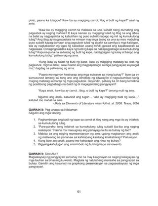 51
pinto, paano ka tutugon? Ikaw ba ay magiging carrot, itlog o butil ng kape?” usal ng
ama.
	 “Ikaw ba ay magiging carrot na malakas sa una subalit nang dumating ang
pagsubok ay naging mahina? O kaya naman ay magiging tulad ng itlog na ang labas
na balat ay nagpapakita ng kabutihan ng puso subalit nabago ng init ng kumukulong
tubig? Ang itlog ay nagpapaalala na minsan may mga taong sa una ay may mabuting
puso subalit kapag dumaan ang pagsubok tulad ng sigalot sa pamilya o mga kaibigan,
sila ay nagkakaroon ng tigas ng kalooban upang hindi igawad ang kapatawaran sa
nagkasala. O maging tulad ka kaya ng butil ng kape na nakapagpabago sa kumukulong
tubig? Kapuna-puna na sa tulong ng butil ng kape, nadagdagan ng kulay at bango ang
kumukulong tubig,” paliwanag ng ama.
	 “Kung ikaw ay tulad ng butil ng kape, ikaw ay magiging matatag sa oras ng
pagsubok. Higit sa lahat, ikaw mismo ang magpapabago sa mga pangyayari sa paligid
mo,” dagdag na paliwanag ng ama.
	 “Paano mo ngayon hinaharap ang mga suliranin sa iyong buhay?” Ikaw ba ay
sumusunod lamang sa kung ano ang idinidikta ng sitwasyon o nagsusumikap kang
maging matatag sa harap ng mga pagsubok. Gayundin, patuloy ka rin bang lumilikha
ng positibong pagbabago na dulot ng di magagandang pangyayari?
	 “Kaya anak, ikaw ba ay carrot , itlog, o butil ng kape?” tanong muli ng ama.
	 Ngumiti ang anak, kasunod ang tugon – “ako ay magiging butil ng kape…”
katulad mo mahal na ama.
- Mula sa Elements of Literature nina Holt et. al. 2008. Texas, USA
GAWAIN 8: Pag-unawa sa Nilalaman
Sagutin ang mga tanong.
1.	 Paghambingin ang butil ng kape sa carrot at itlog nang ang mga ito ay inilahok
sa kumukulong tubig.
2.	 “Pare-pareho itong inilahok sa kumukulong tubig subalit iba-iba ang naging
reaksiyon.” Paano mo maiuugnay ang pahayag na ito sa buhay ng tao?
3.	 Mabisa ba ang naging representasyon ng ama upang magkaroon ang anak
ng maliwanag na pananaw sa kahirapang kanilang kinakaharap? Patunayan.
4.	 Kung ikaw ang anak, paano mo haharapin ang hirap ng buhay?
5.	 Bigyang-kahulugan ang sinisimbolo ng butil ng kape sa kuwento.
GAWAIN 9: Sino Ako?
Magsalaysay ng pangyayari sa buhay mo na may kaugnayan sa naging kalagayan ng
mga tauhan sa binasang kuwento. Magtala ng natutuhang mensahe sa pangyayari sa
buhay. Gamitin ang kasunod na grapikong presentasyon sa pagsasalaysay ng mga
pangyayari.
 