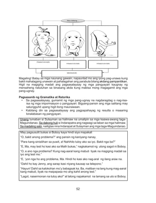 52
Magaling! Batay sa mga naunang gawain, napaunlad mo ang iyong pag-unawa kung
bakit mahalagang unawain at pahalagahan ang parabula bilang akdang pampanitikan.
Higit na magiging madali ang pagsasalaysay ng mga pangyayari kaugnay ng
mensaheng natutuhan sa binasang akda kung mabisa mong magagamit ang mga
pang-ugnay.
Pagsasanib ng Gramatika at Retorika
•	 Sa pagsasalaysay, gumamit ng mga pang-ugnay na nagdaragdag o nag-iisa-
isa ng mga impormasyon o pangyayari. Bigyang-pansin ang mga salitang may
salungguhit upang higit itong maunawaan.
•	 Kabilang din sa pagsasalaysay ang pagpapahayag ng resulta o maaaring
kinalabasan ng pangyayari.
Unang lumaban si Sulayman sa halimaw na umalipin sa mga kaawa-awang taga-
Maguindanao. Sa dakong huli si Indarapatra ang nagwagi sa laban sa mga halimaw.
Sa madaling sabi, nailigtas nina Indarapat at Sulayman ang mga taga-Maguindanao.
May pagsusulit bukas si Boboy kaya hindi siya mapakali
“O, bakit anong problema?” ang pansin ng kaniyang nanay.
“Para kang sinisilihan sa puwit, a! Nahihilo tuloy ako sa iyo. Bakit nga ba?”
“E, Ma, may test ho kasi ako sa Math bukas,” nagkakamot ng ulong sagot ni Boboy.
“O, e ano nga problema? Kung nag-aaral kang mabuti tiyak na magiging madali sa
iyo ang test mo.”
“E, ‘yon nga ho ang problema, Ma. Hindi ho kasi ako nag-aral ng ilang araw na.
“Dahil ho kay Jenny, ang sarap kasi niyang kausap sa telepono.”
“Hayun! Dahil sa kalokohan mo’y babagsak ka. Ba, maliban na lang kung mag-aaral
kang mabuti, tiyak na maipapasa mo ang kahit anong test.”
“Lagot, nasermonan na tuloy ako!” at lalong napakamot na lamang sa ulo si Boboy.
Ako bilang...
MENSAHE
PANGYAYARI
PANGYAYARI PANGYAYARI
 