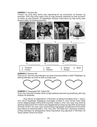 57
GAWAIN 1: Hanapin Mo
Tukuyin mo kung aling bansa ang nagmamay-ari ng sumusunod na larawan ng
kasuotan. Piliin ang iyong sagot mula sa mga bansang nakasulat sa loob ng kahon
sa ibaba ng mga larawan. At pagkatapos ilarawan ang kultura ng mga taong nasa
larawan batay sa kanilang kasuotan.
1. ____________	 2. ____________ 3. ____________ 4. ____________
5. ____________	 6. ____________ 7. ____________
GAWAIN 2: Ilarawan Mo
Para sa iyo, ano-ano ang katangian ng isang huwarang babae o lalaki? Magbigay ng
tatlong katangian at isulat sa loob ng hugis puso.
GAWAIN 3: Pangngalan Mo, Palitan Mo
Suriin ang kasunod na talata. Mula sa mga salitang nasa loob ng panaklong, piliin ang
angkop na panghalip.
	 Ang natural na kagandahan ni Donnalyn ay lalong tumingkad nang 1. (siya’y,
ito’y, nito’y) magdalaga. Idagdag pa ang taglay na talino 2. (niya, kaniya, siya). Kaya
naman alagang-alaga ni Aling Girlie ang anak. Inaako 3. (nito, niya, siya) ang lahat ng
gawaing bahay para hindi masira ang magagandang hubog ng mga daliri ng kaniyang
prinsesa. Hindi 4. (ito, siya, niya) tumutulong sa mga gawain sa bukid para hindi umitim
ang makinis at maputing balat 5. (nito, niya, dito). Sa kabila ng 6. (kaniyang, kanilang,
aming) kahirapan ay iginagapang nilang mag-asawa ang pag-aaral ni Donnalyn sa
isang Catholic School sa bayan.
a.	 Thailand		 c. India		 e. Greece	 g. Spain
b.	 France			 d. Vietnam		 f. Russia
 