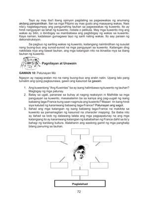 72
	 Tayo ay may iba’t ibang opinyon pagdating sa pagwawakas ng anumang
akdang pampanitikan. Ilan sa mga Pilipino ay mas gusto ang masayang wakas. Nais
nila’y nagtatagumpay ang pangunahing tauhan sa pagwawakas ng kuwento. Ito ay
hindi nangyayari sa lahat ng kuwento, nobela o pelikula. May mga kuwento ring ang
wakas ay bitin, o ibinibigay sa mambabasa ang pagbibigay ng wakas sa kuwento.
Kaya naman, kadalasan gumagawa tayo ng sarili nating wakas. Ito aay paraan ng
dekonstruksiyon.
	 Sa pagbuo ng sariling wakas ng kuwento, kailangang naiintindihan ng susulat
nang buong-buo ang sunod-sunod na mga pangyayari sa kuwento. Kailangan ding
nakikilala niya ang bawat tauhan, ang mga katangian nito na ikinaiiba niya sa ibang
tauhan ng kuwento.
Pagnilayan at Unawain
GAWAIN 10: Patunayan Mo
Ngayon ay napag-aralan mo na nang buong-buo ang aralin natin. Upang lalo pang
lumalim ang iyong pagkaunawa, gawin ang kasunod na gawain.
1.	 Ang kuwentong “Ang Kuwintas” ba ay isang halimbawa ng kuwento ng tauhan?
Magbigay ng mga patunay.
2.	 Batay sa ugali, pananaw sa buhay at naging reaksiyon ni Mathilde sa mga
pangyayari sa kuwento, masasalamin ba sa kaniya ang pag-uugali ng isang
babaeng taga-France kung saan nagmula ang kuwento? Maaari rin bang hindi
siya katulad ng karaniwang babaeng taga-France? Patunayan ang sagot.
3.	 Ilahad ang mga katangian ng isang babaeng taga-France na makikita sa
kuwento sa pamamagitan ng kasunod na character mapping. Sa ibaba nito
ay ilahad sa loob ng dalawang talata ang mga pagpapatunay na ang mga
katangiang ito ay karaniwang katangian ng kababaihan ng France dahil sa ito’y
bahagi ng kanilang kultura. Alalahanin ang wastong gamit ng mga panghalip
bilang panuring sa tauhan.
Paglalahad
 